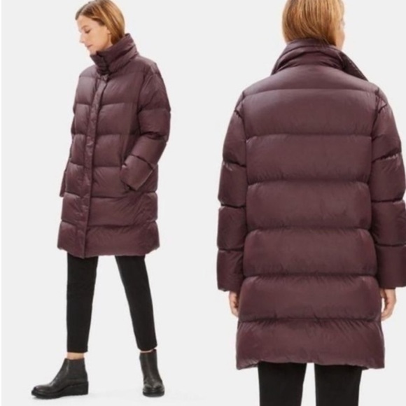 Eileen Fisher Classic Funnel Neck Down Parka Long‎ Puffer Oversize Plush Size S - Picture 1 of 15